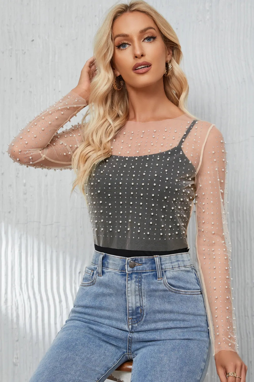 Trendsi Pearl Long Sleeve Mesh Cropped Top with Rhinestones - Semi-Sheer & Slightly Stretchy