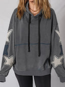 Star Patchwork Contrast Stitching Mineral Wash Kangaroo Pocket Hoodie