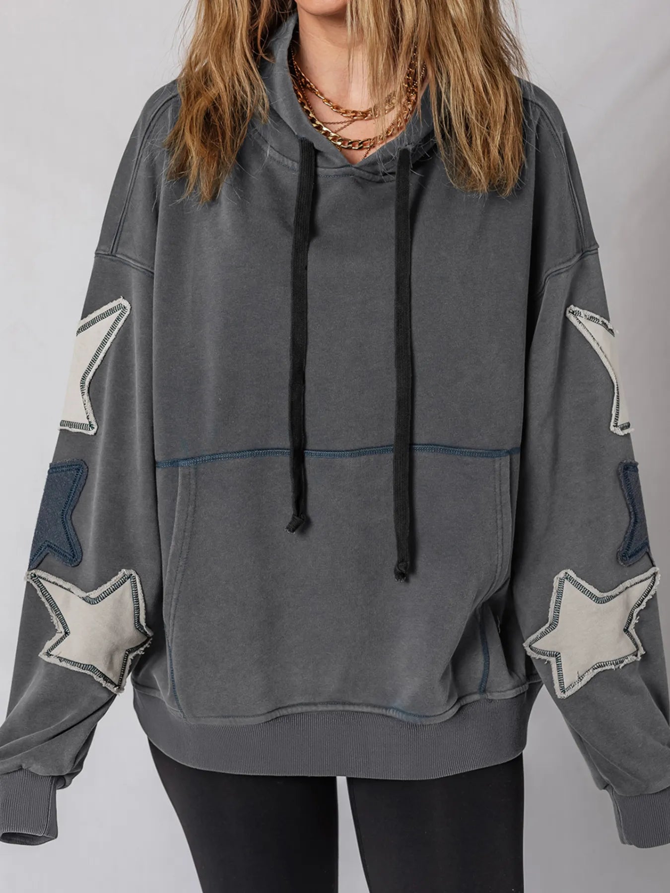 Star Patchwork Contrast Stitching Mineral Wash Kangaroo Pocket Hoodie