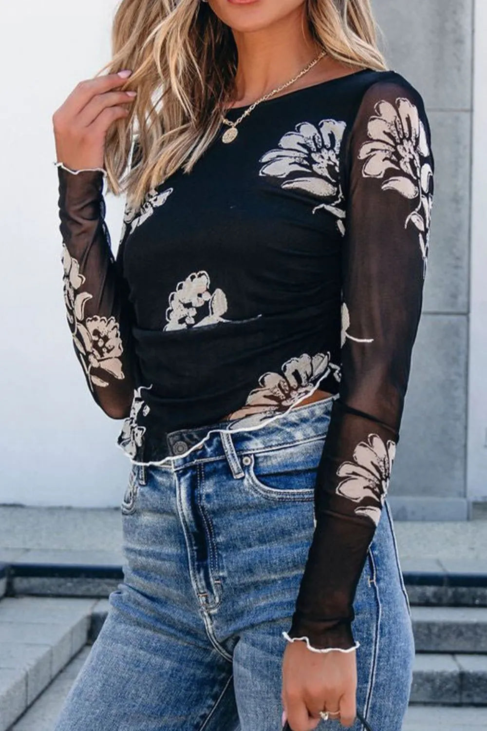 Floral Mesh Lettuce Edge Ruched Slim Long Sleeve Top
