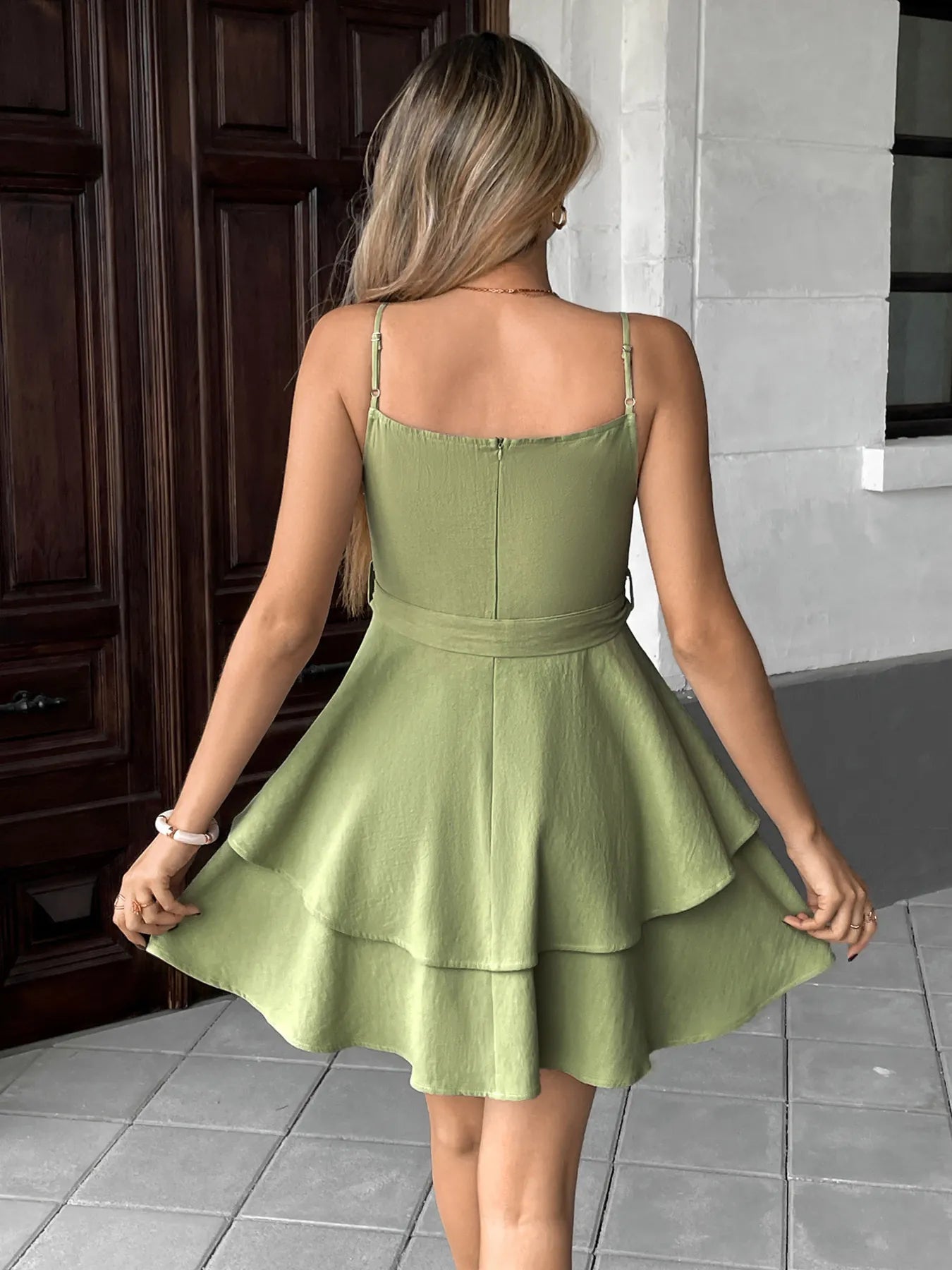 Ruffle Layered Cami Mini Dress with Bow Belt - 100% Cotton, Zip Closure, Elegant Summer Fashion