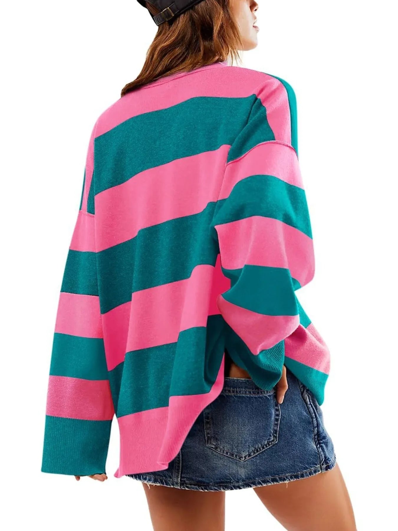 Trendy Oversized Striped Half-Zip Sweatshirt in Pink and Teal for Ultimate Comfort