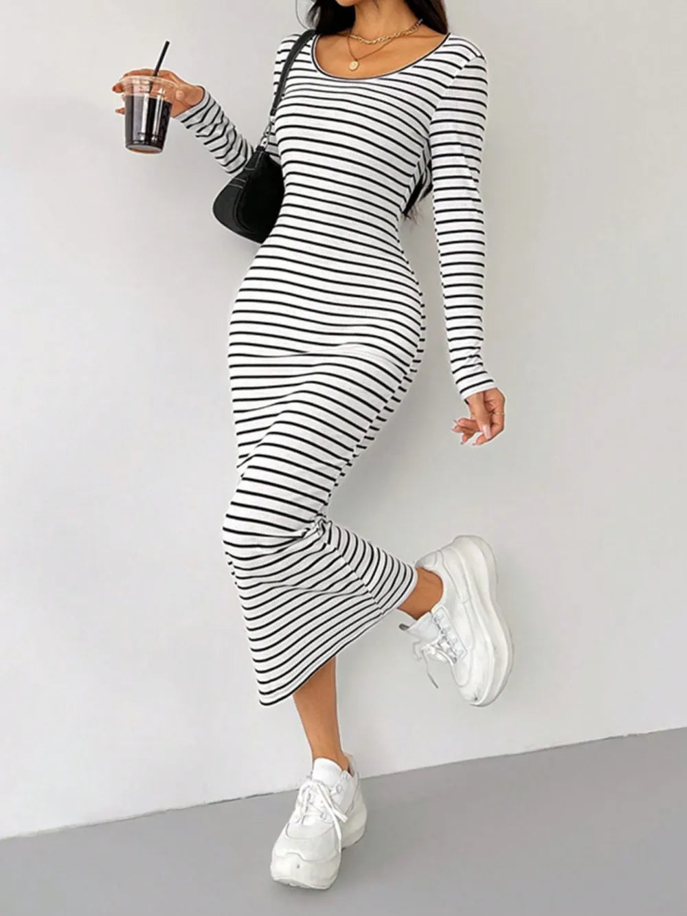 Scoop Neck Striped Long Sleeve Midi Tee Dress - Stylish & Comfort Fit, Slightly Stretchy