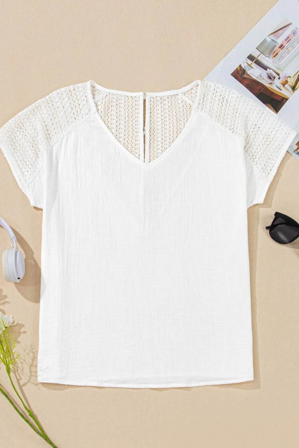 Lace Crochet Button Back V-Neck T-Shirt - Semi-Sheer 100% Cotton Top for Stylish Comfort - Store 42