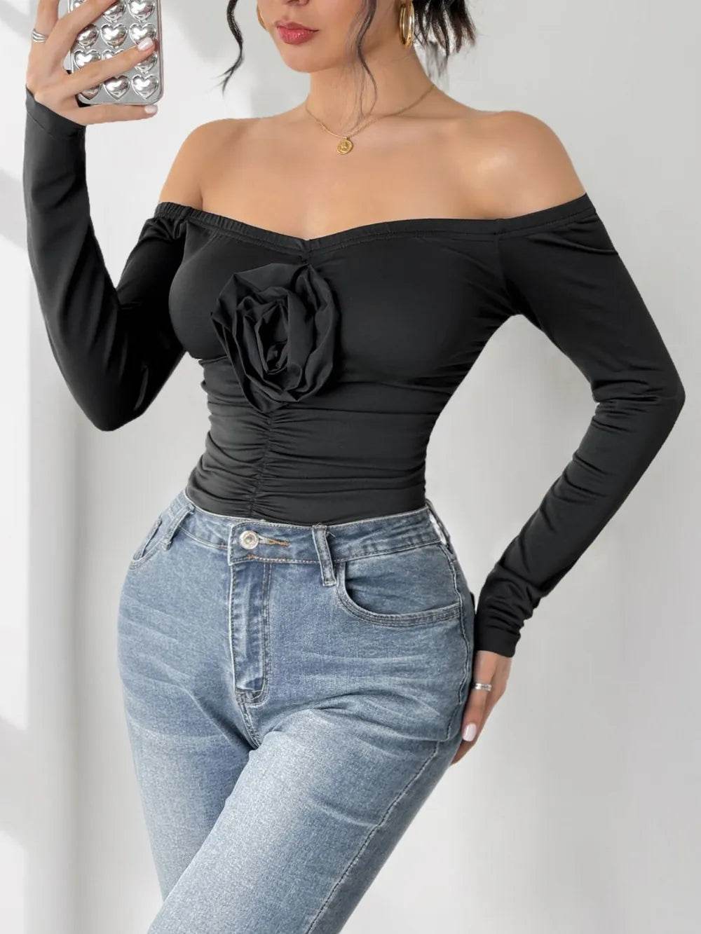 Perfee Ruched Flower Off-Shoulder Long Sleeve Bodysuit - Store 42