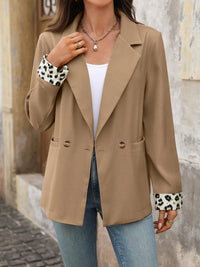 Lapel Collar Leopard Cuff Long Sleeve Blazer Khaki