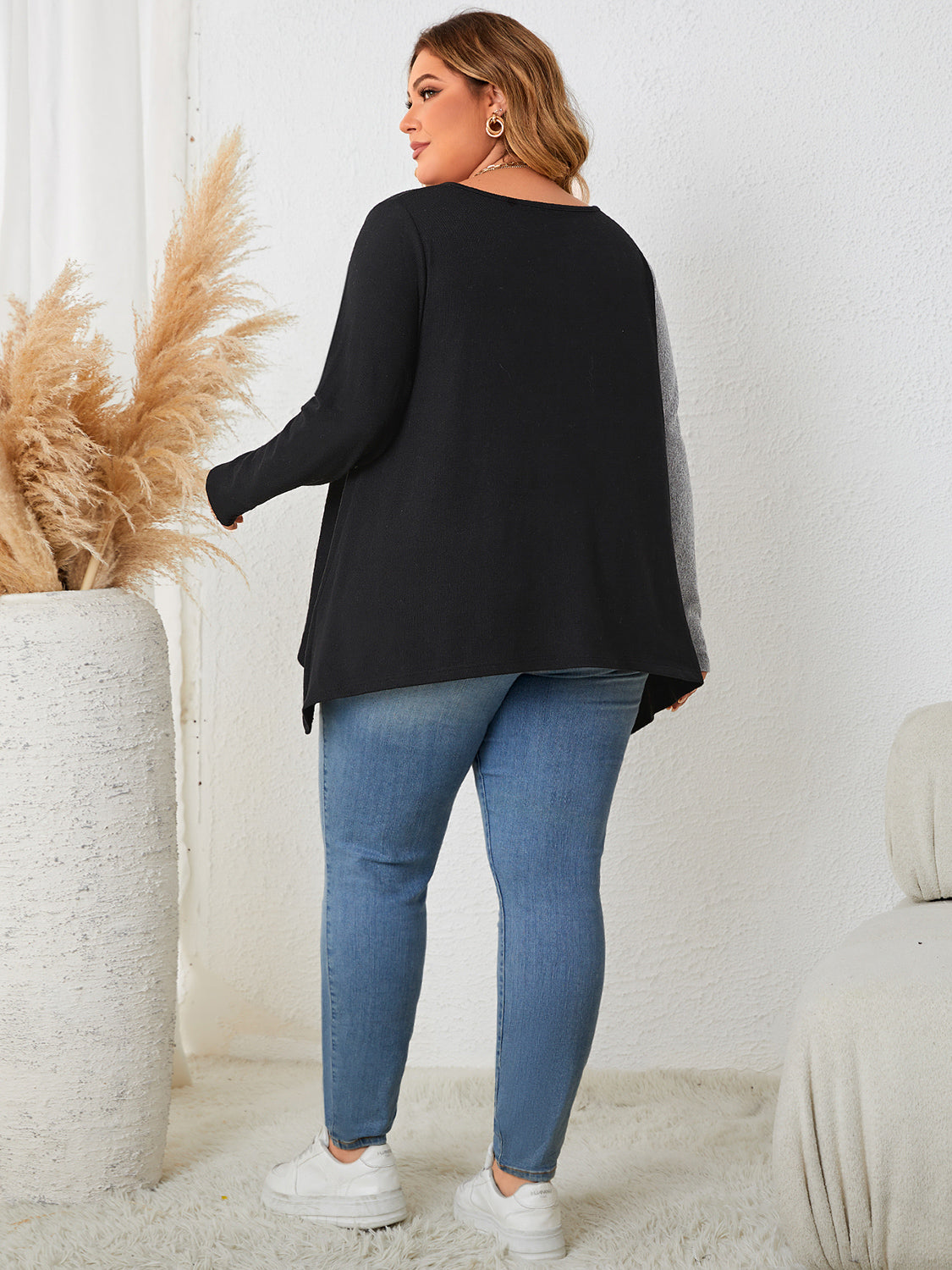 Plus Size Honey Contrast Notched Neck T-Shirt - Slightly Stretchy, Opaque Material, Machine Washable