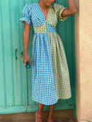 Plaid V-Neck Puff Sleeve Dress