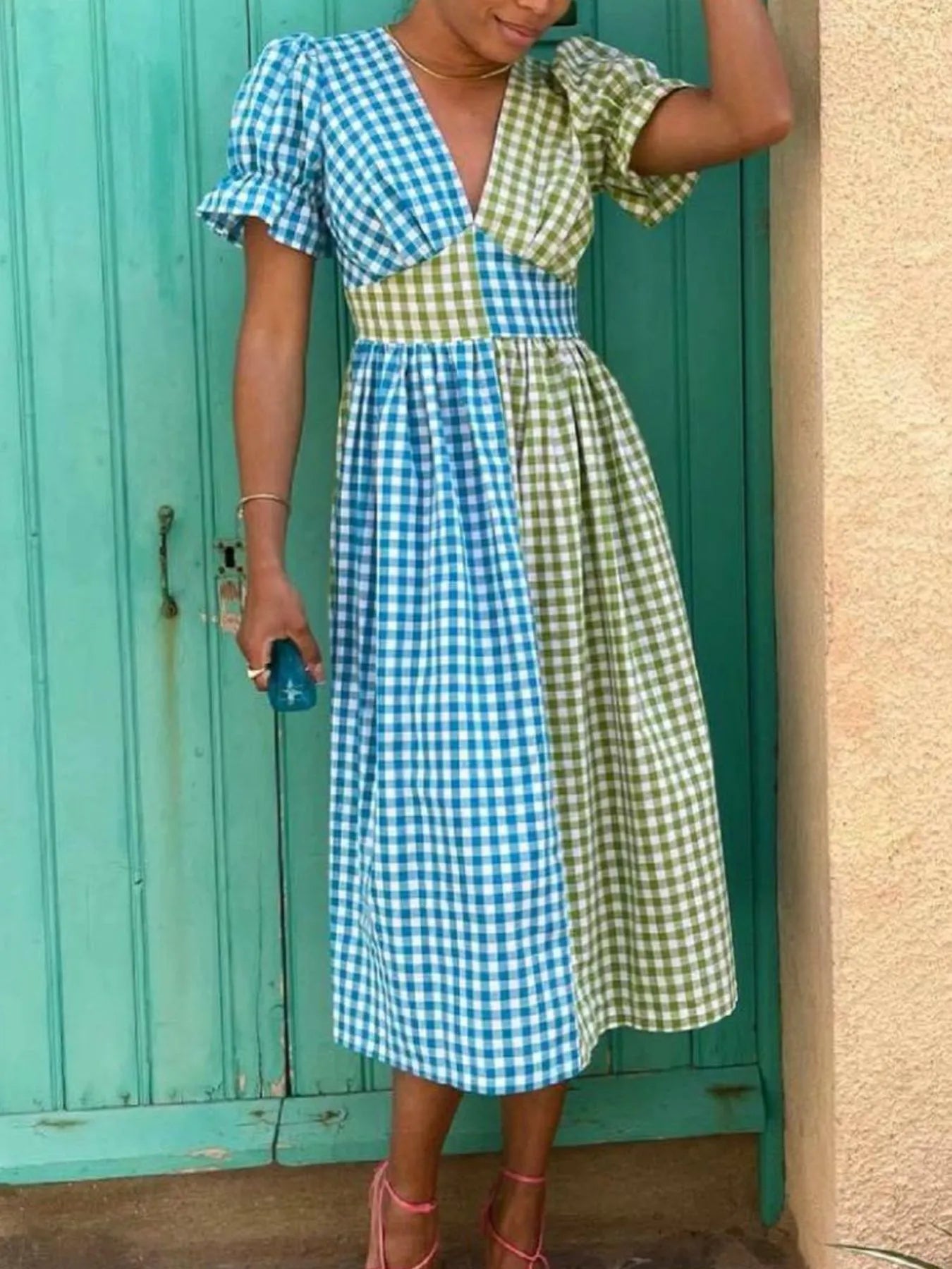 Plaid V-Neck Puff Sleeve Dress