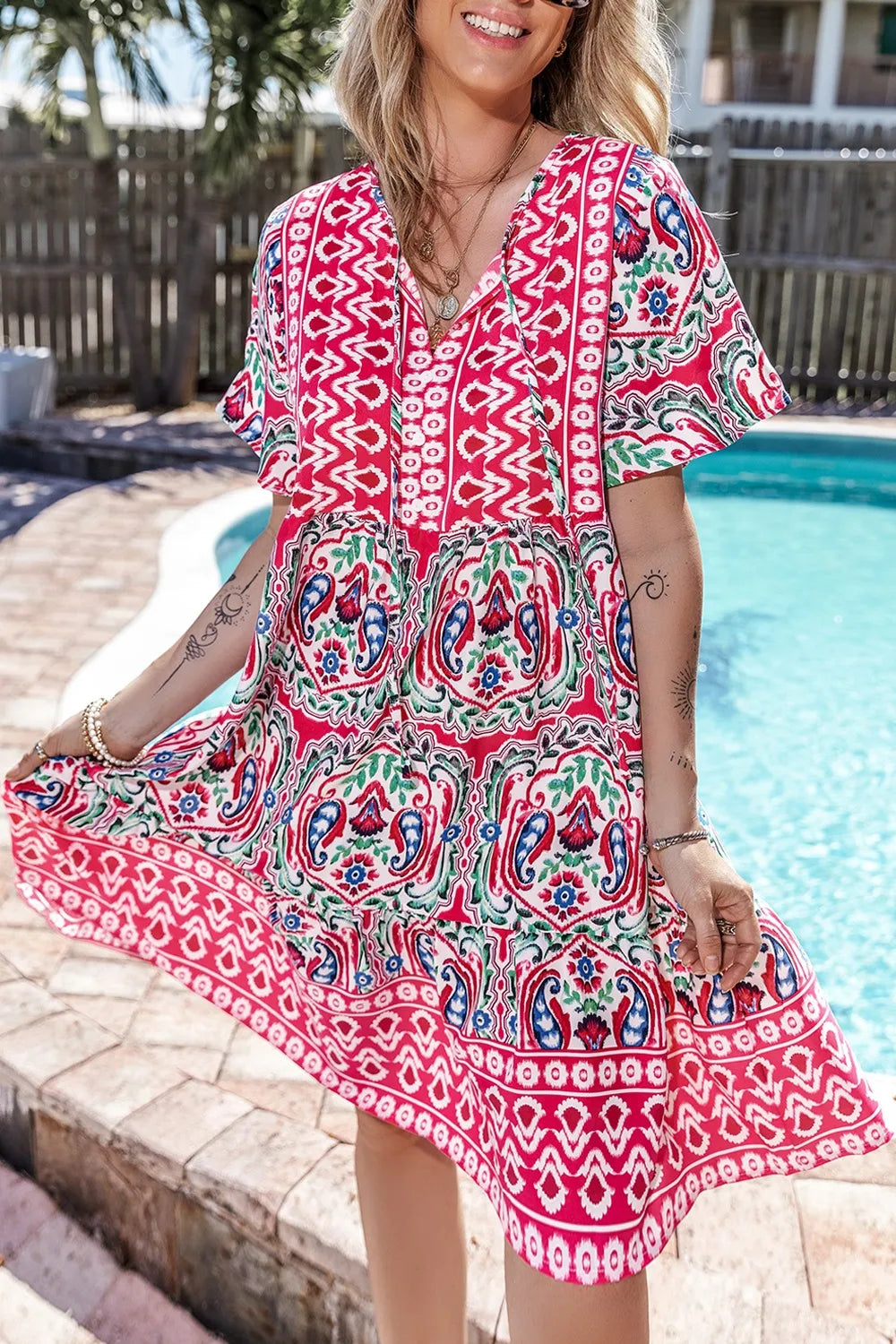 Floral Printed Tie Neck Short Sleeve Dress - Opaque, 100% Polyester, Machine Washable