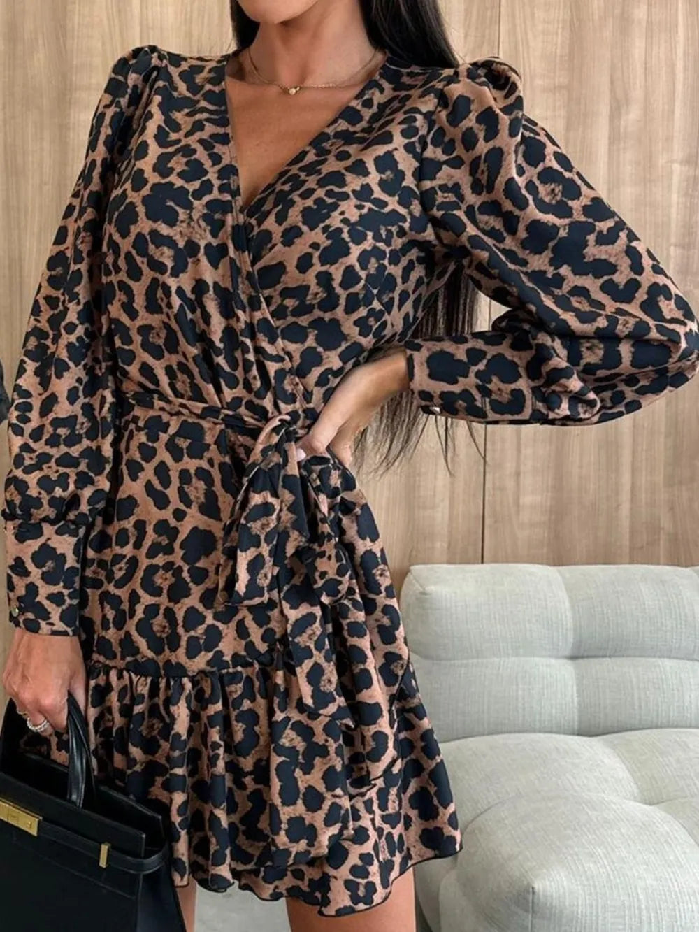 Tied Leopard Print Surplice Long Sleeve Dress – Stylish 100% Polyester, Opaque Design