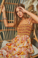 Davi & Dani Multi Smocked Bodice Geo Ruffle Strappy Midi Dress Orange Tan