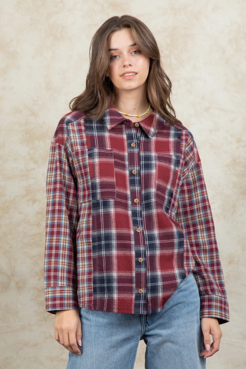 Plaid Button-Up Long Sleeve Shirt With Collar And Pocket - 100% Polyester, Opaque, Imported