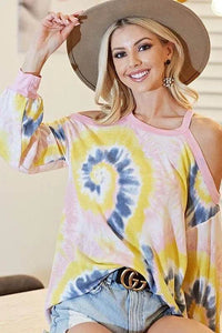 BiBi Tie Dye Print Terry Top with Cold Shoulder Detail - Store 42