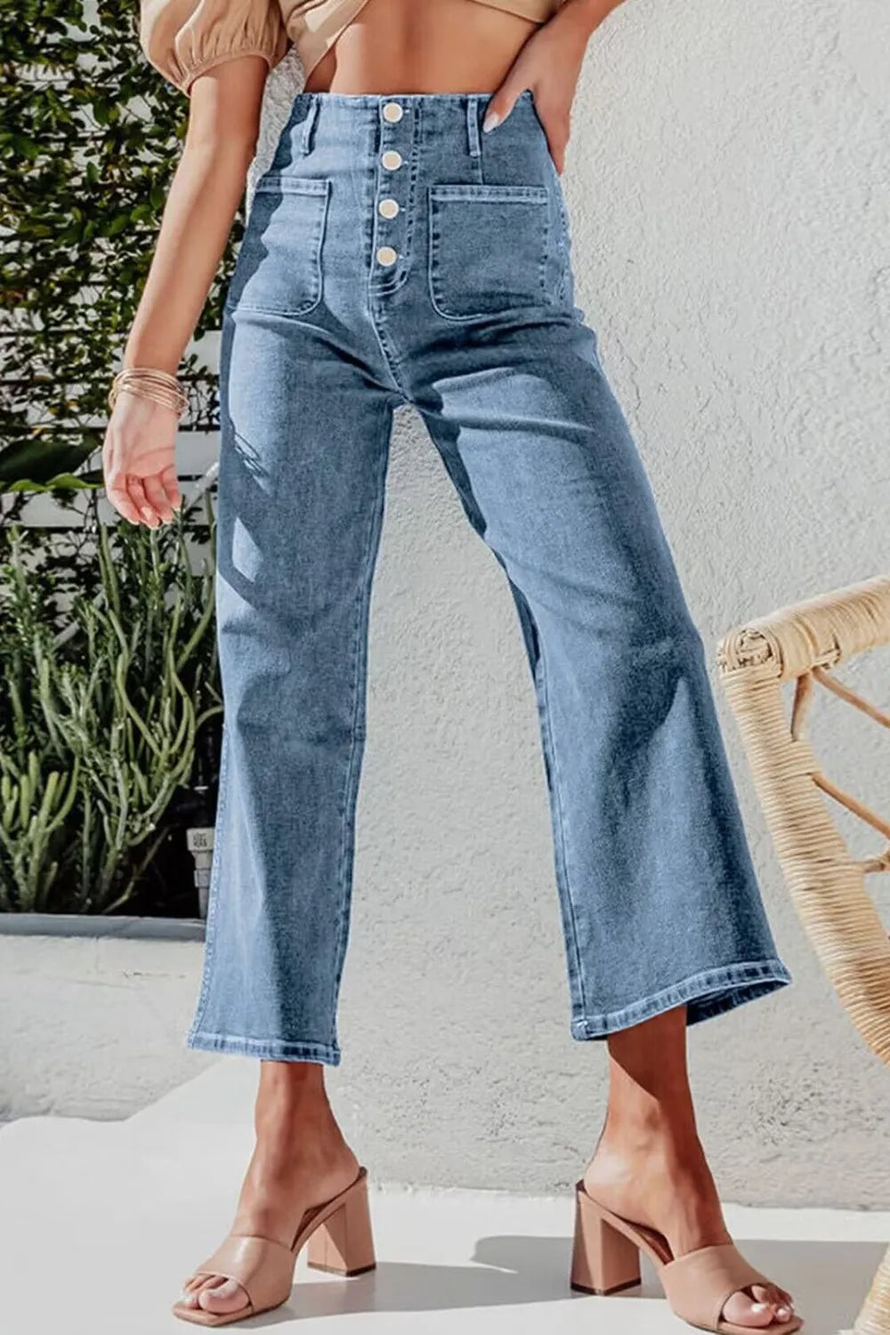 Button Fly Cropped Wide Leg Jeans with Pockets - 65% Cotton, No Stretch for Chic Style