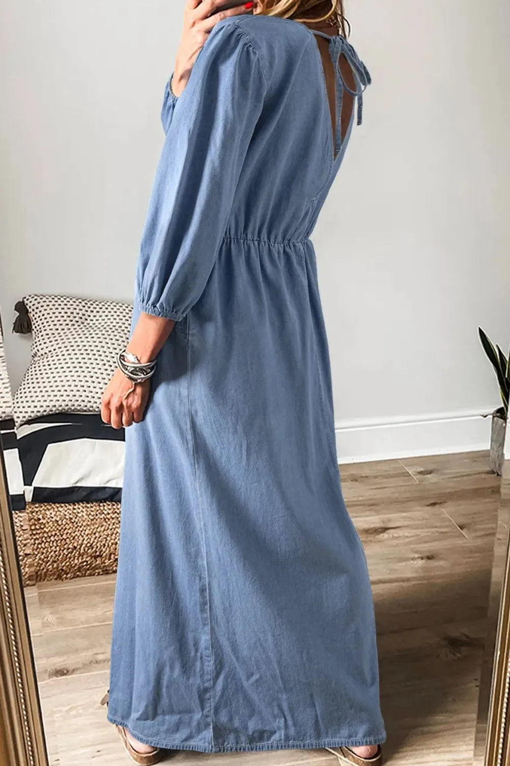 Stylish Tied Plunge Denim Dress with Three-Quarter Sleeves – 100% Cotton, Classic Fit