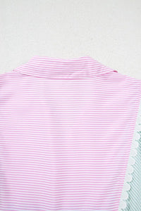 Striped Patchwork Ric Rac Puff Sleeve Collared Mini Dress