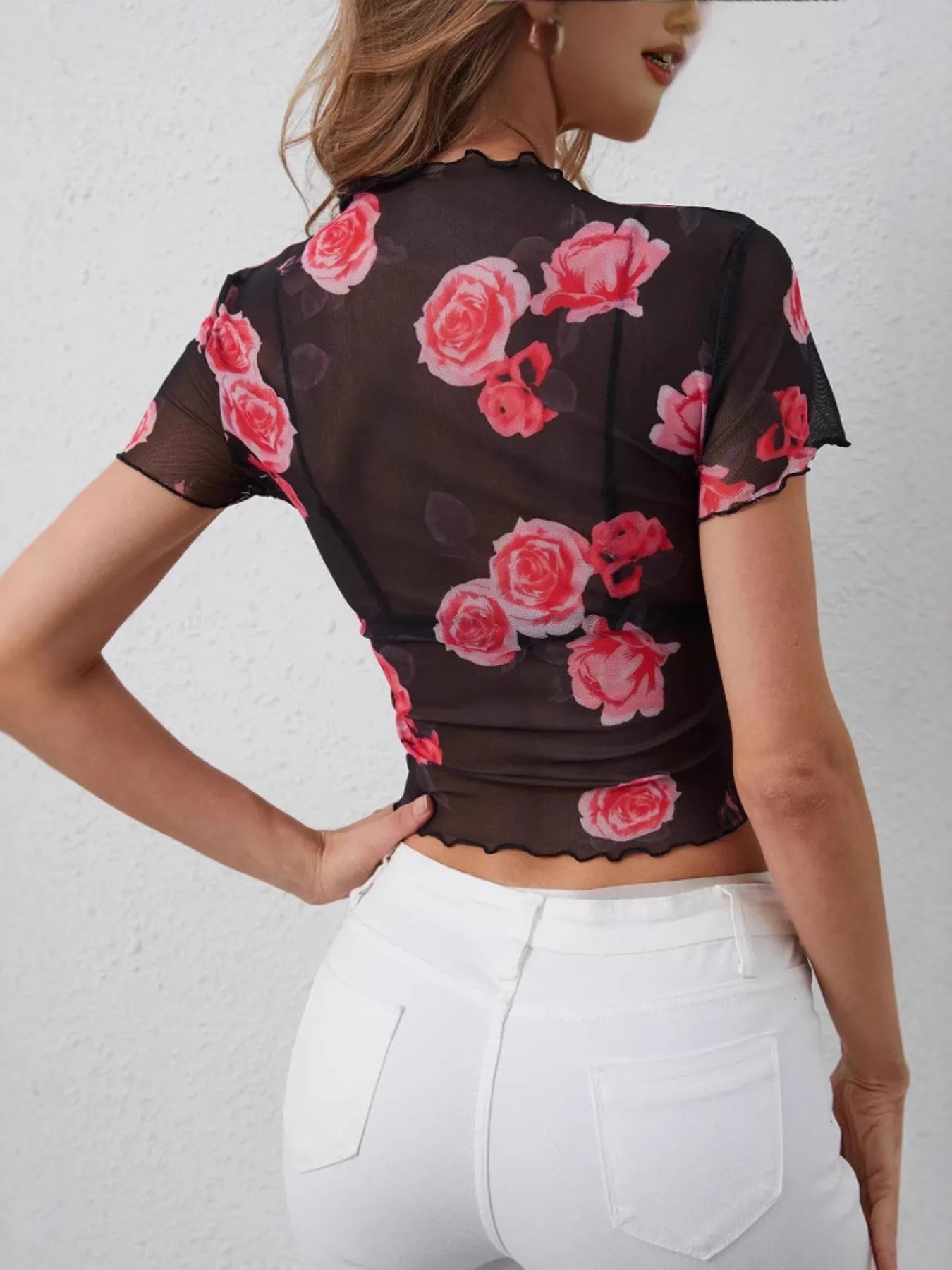 Sheer Mesh Rose Print Fitted T-Shirt - Slightly Stretchy 95% Polyester, 5% Elastane
