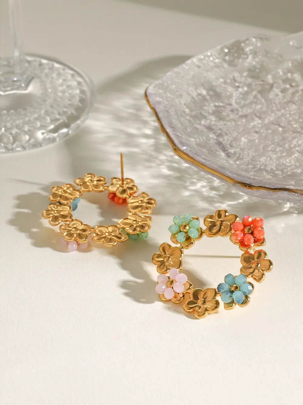 Elegant 18K Gold-Plated Stainless Steel Flower Earrings with Synthetic Crystals - Store 42