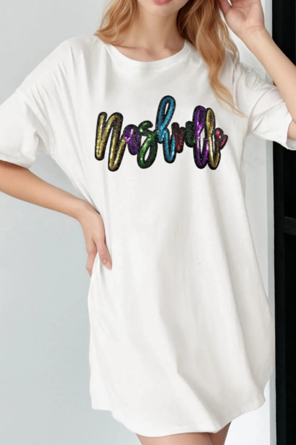 Sequin Round Neck Short Sleeve Oversized T-Shirt
