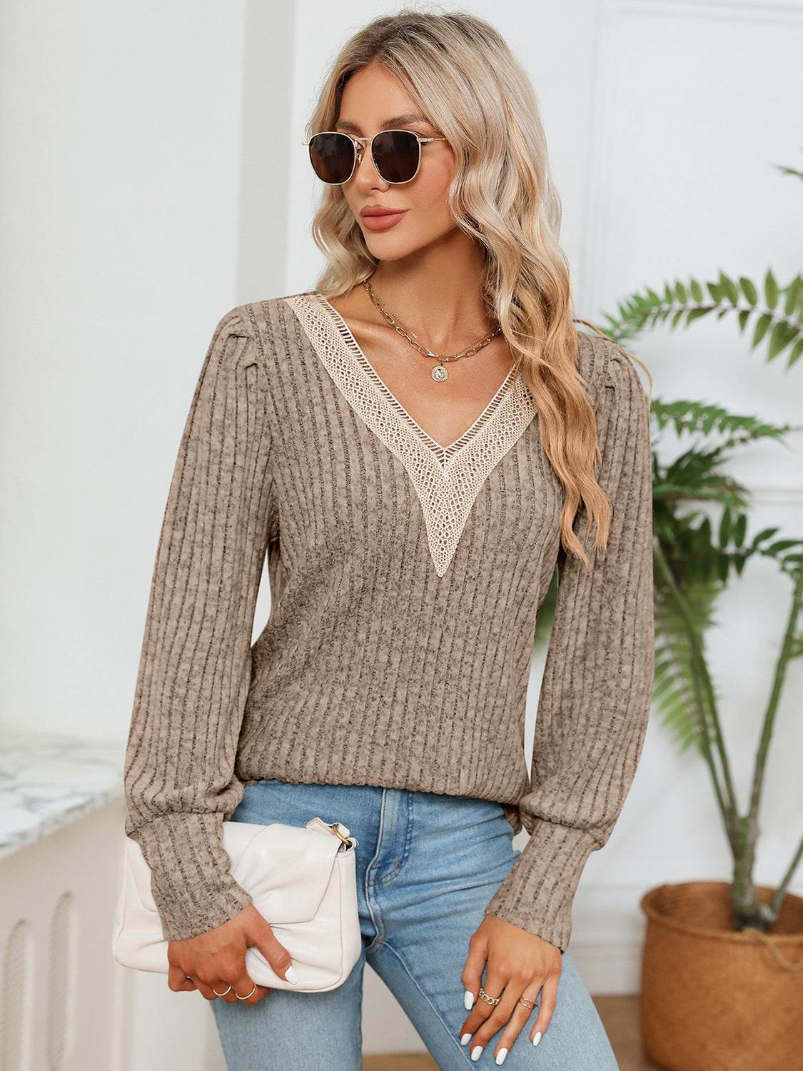 Lace Detail V-Neck Blouse with Ribbed Texture - Opaque, Slightly Stretchy Fabric - Store 42