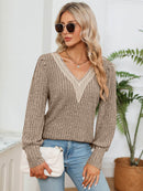 Lace Detail V-Neck Blouse with Ribbed Texture - Opaque, Slightly Stretchy Fabric - Store 42