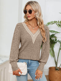 Lace Detail V-Neck Blouse with Ribbed Texture - Opaque, Slightly Stretchy Fabric - Store 42