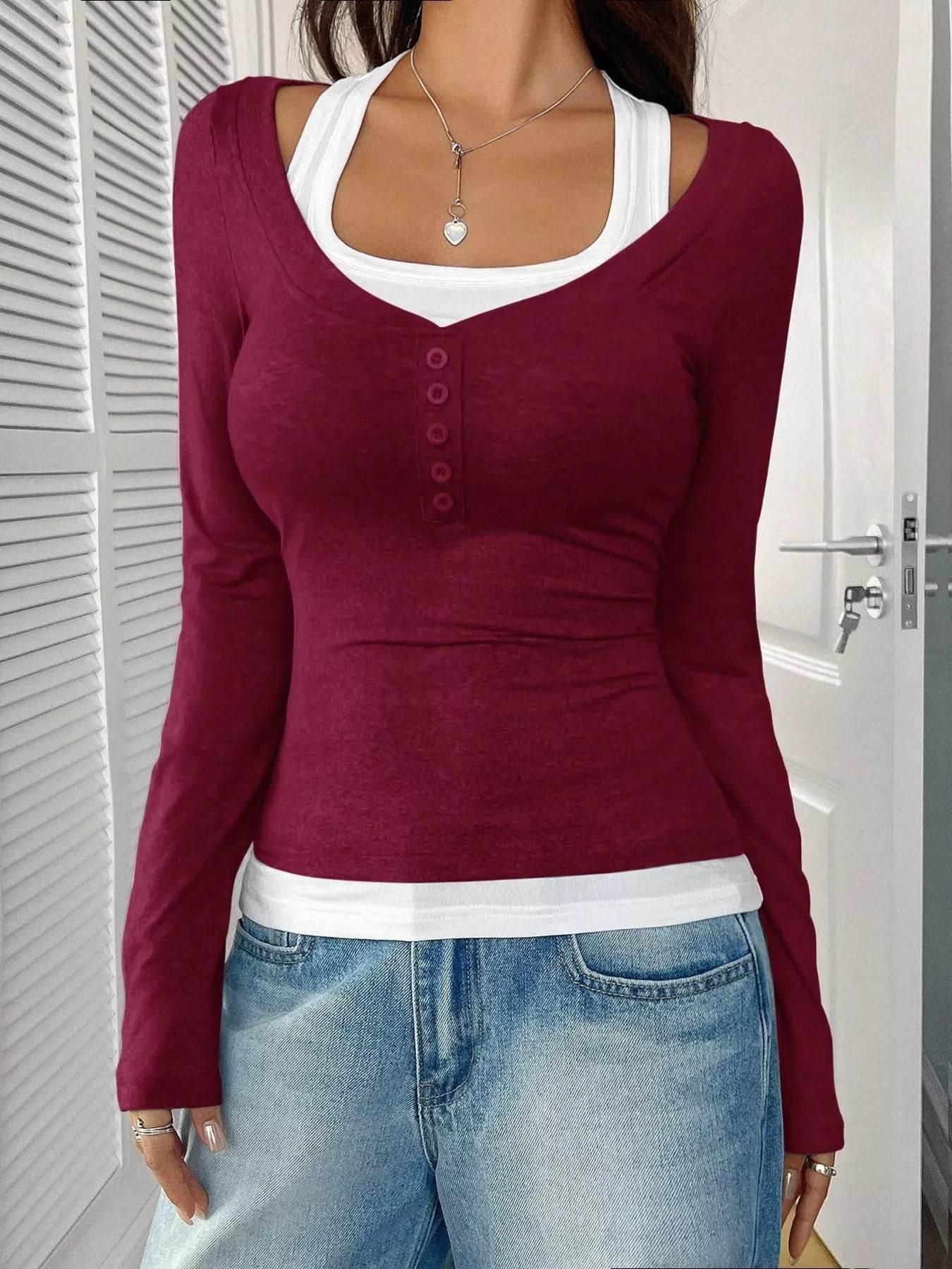Scoop Neck Long Sleeve T-Shirt - Slightly Stretchy, 95% Polyester for Comfort, Easy Care - Store 42