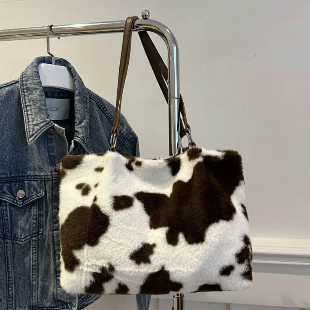 Large Cow Print Furry Tote Bag - Stylish Faux Fur, PU Leather, and Polyester Material
