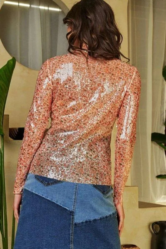 Davi & Dani Sequin Mock Neck Long Sleeve Mesh Top - Glamorous Sheer Style with Sparkle