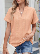 Trendy Eyelet Notched Short Sleeve Top in 65% Rayon - Stylish & Versatile Women's Wear - Store 42