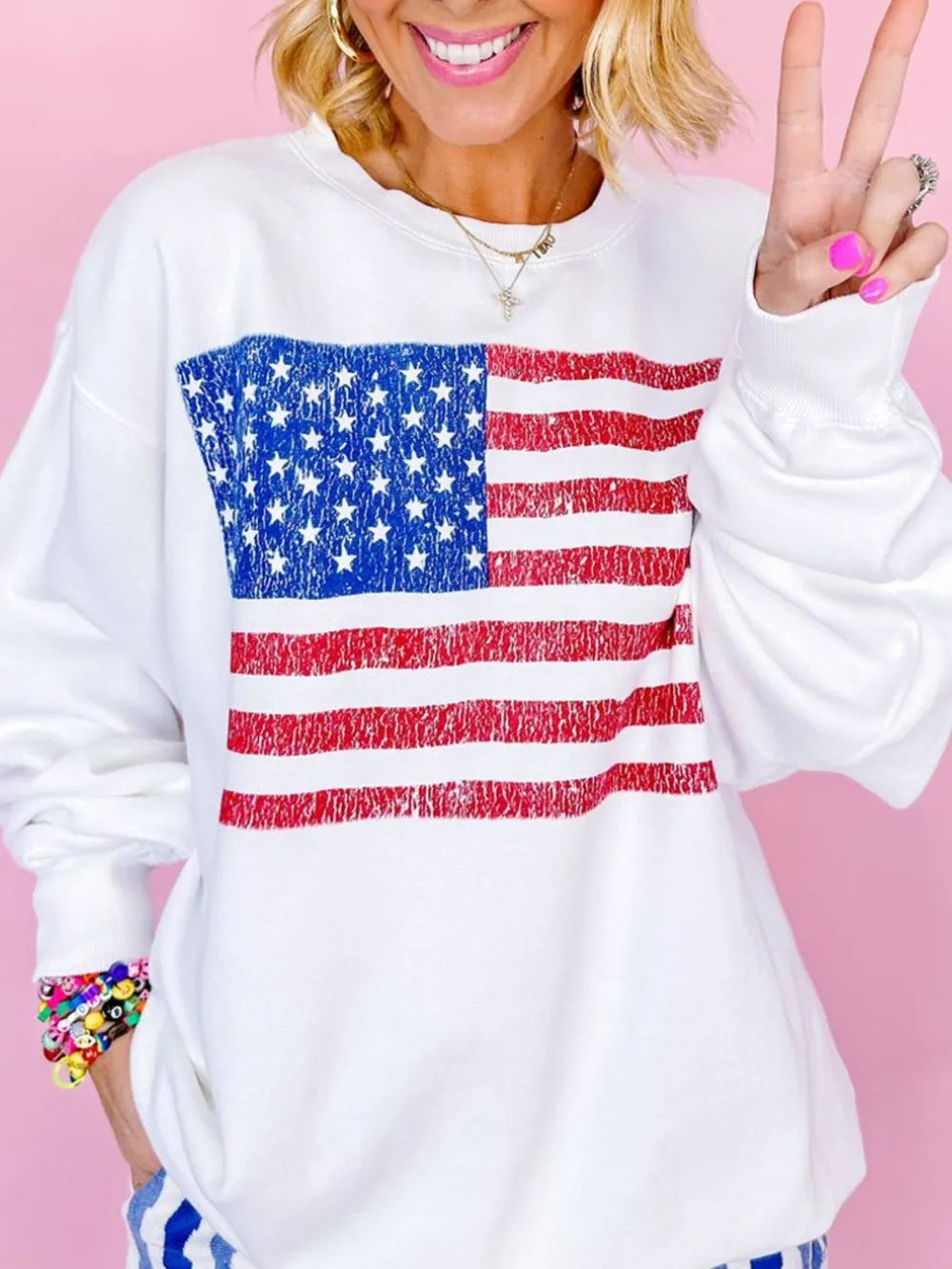 US Flag Long Sleeve Sweatshirt - Opaque, Basic Style, 50% Polyester, 50% Cotton