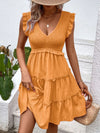 Ruffled V-Neck Cap Sleeve Dress Tangerine