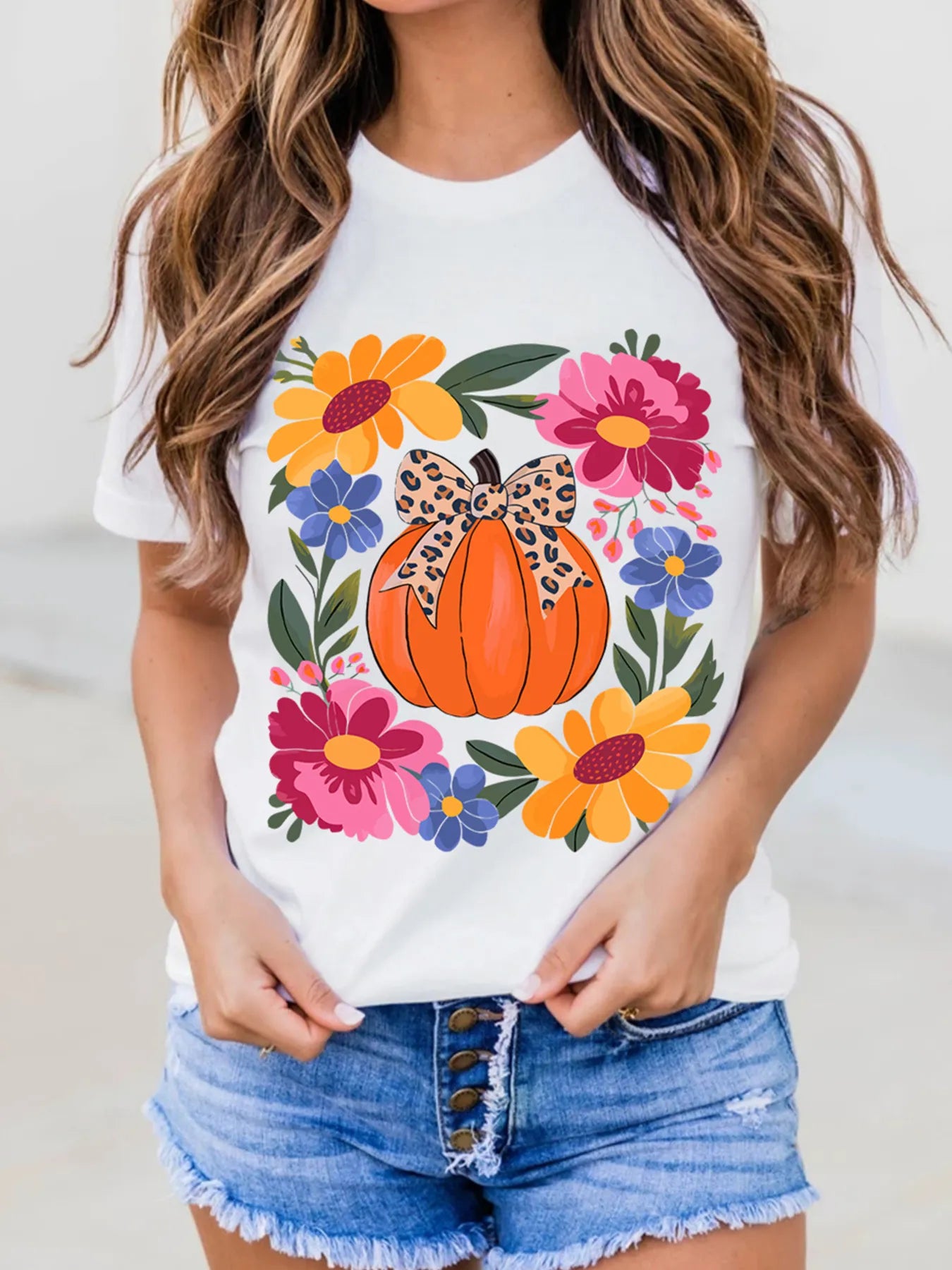 Slightly Stretchy Pumpkin Floral Graphic T-Shirt - Soft Polyester-Cotton Blend, Round Neck
