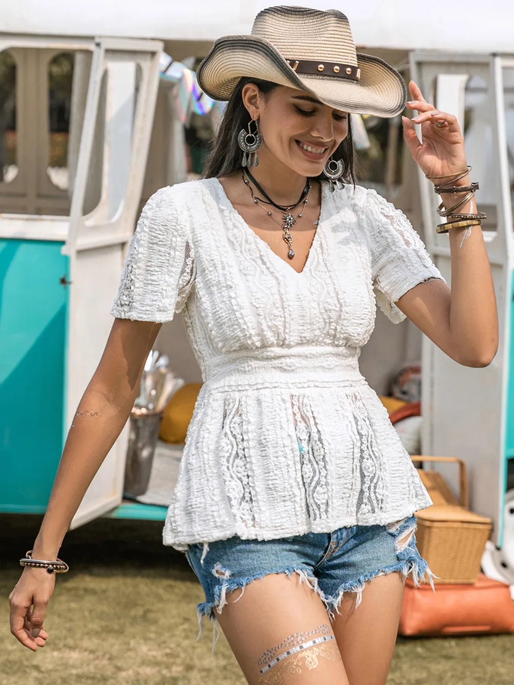 Semi-Sheer Lace V-Neck Short Sleeve Top - Slightly Stretchy, Elegant Design, 95% Polyester