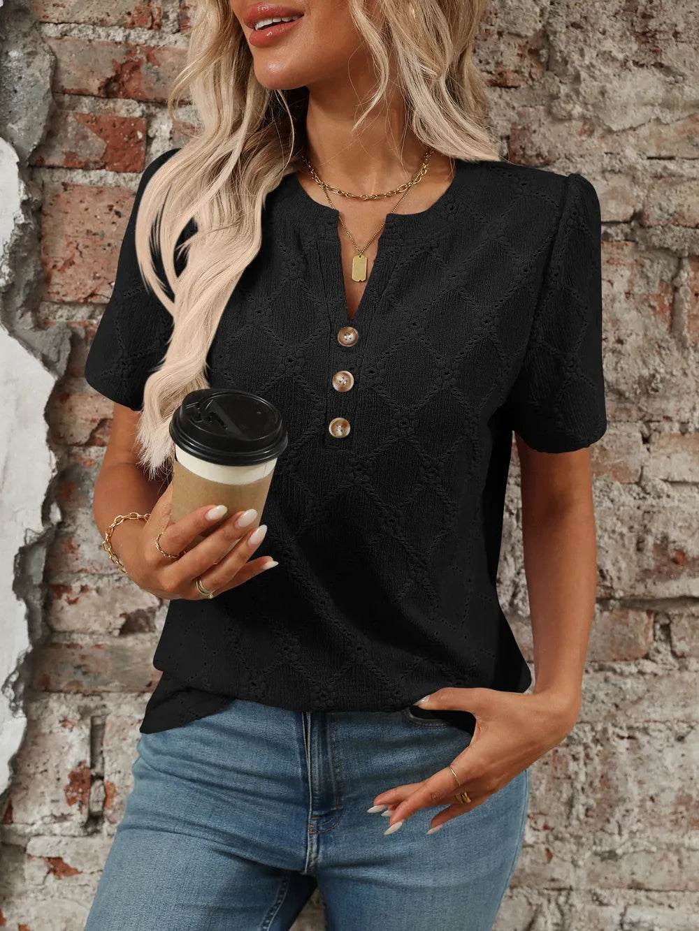 Stylish Eyelet Notched Top with Decorative Buttons - Short Sleeve & Slightly Stretchy, Opaque Fabric - Store 42