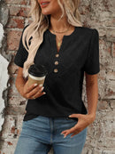 Stylish Eyelet Notched Top with Decorative Buttons - Short Sleeve & Slightly Stretchy, Opaque Fabric - Store 42
