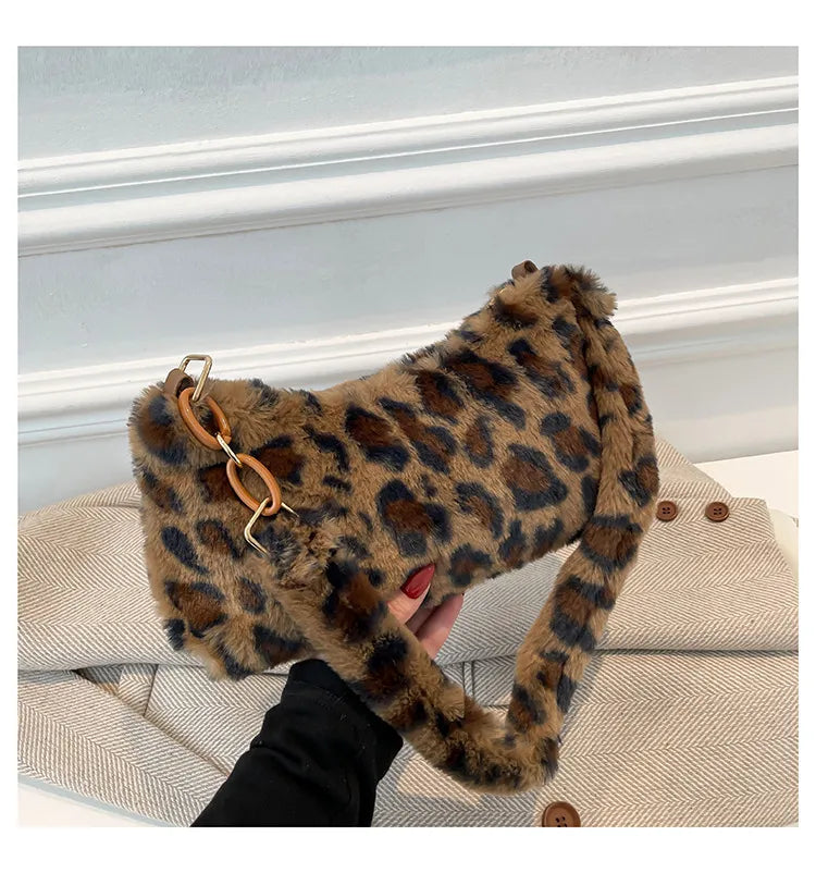 Trendy Leopard Fluff Small Shoulder Bag - Soft Polyester Material, Compact Design