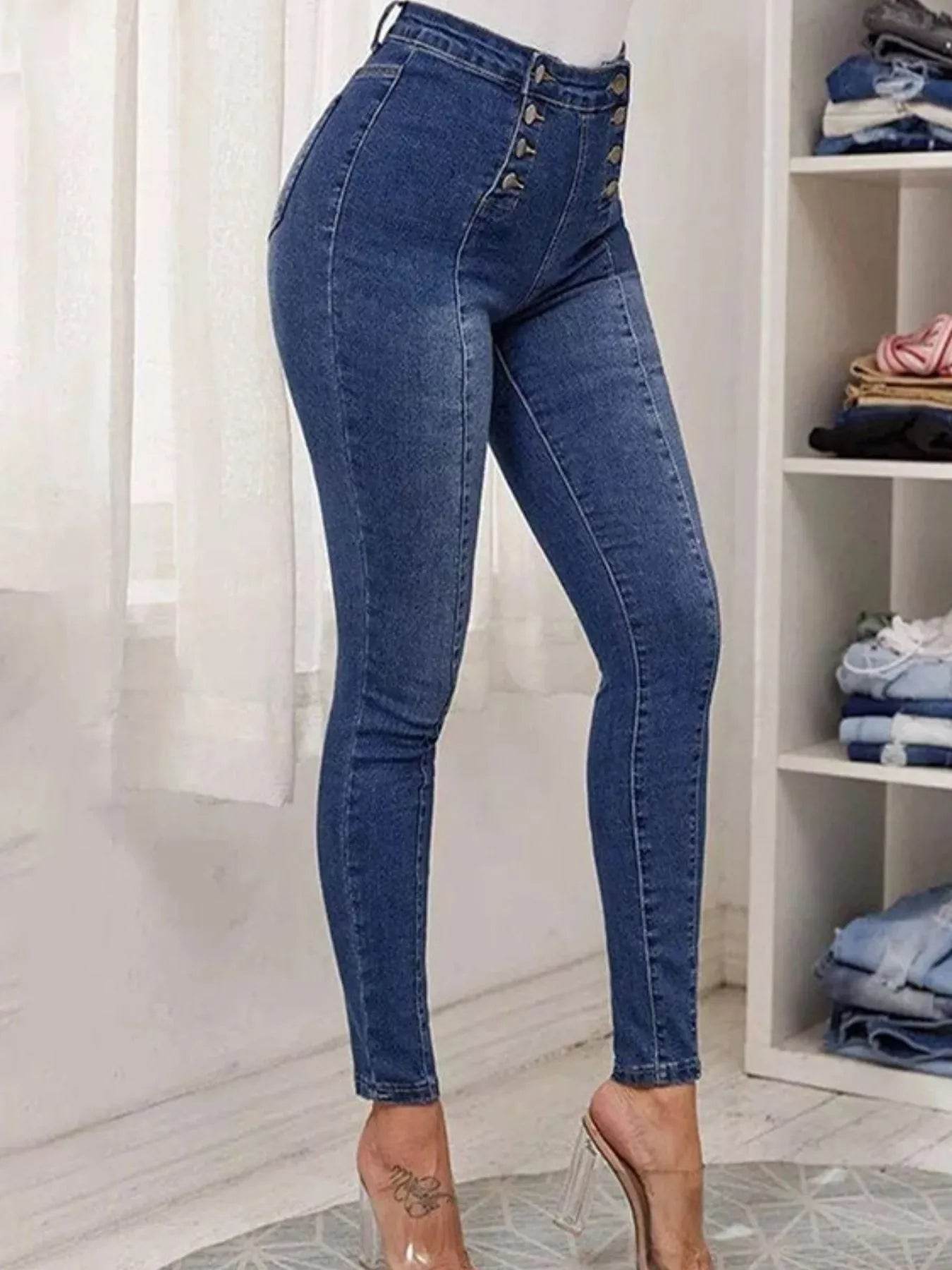 Full Size High-Waisted Double-Breasted Skinny Jeans Plus Size - Store 42