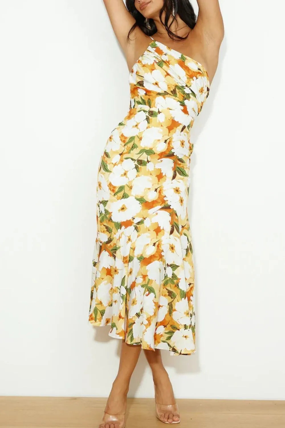 Elegant Ruched Printed Single Shoulder Midi Dress - 100% Polyester, Opaque, Classic Style