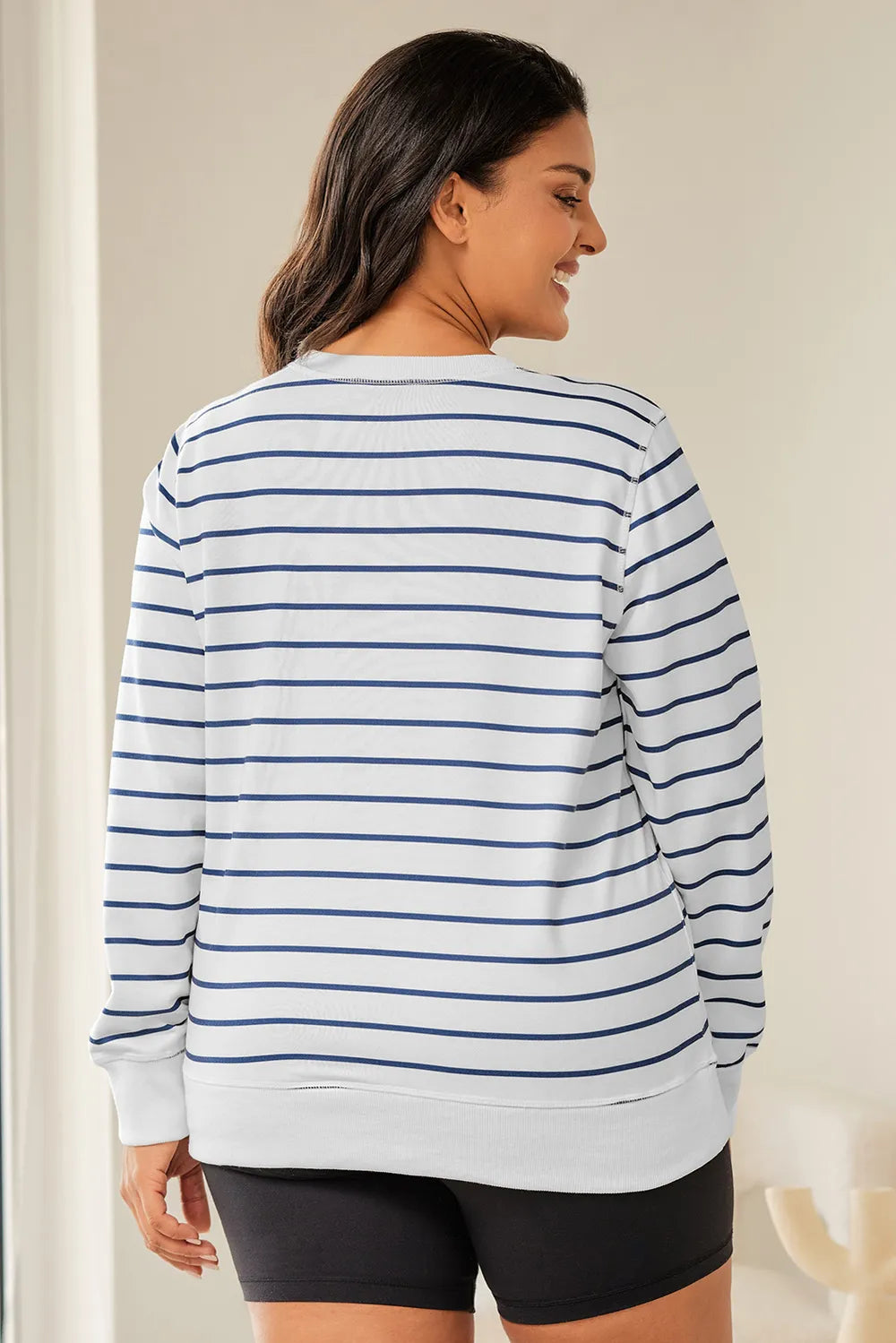 Plus Size Striped Long Sleeve T-Shirt with Round Neck - Opaque Stretchy Fabric, 100% Polyester