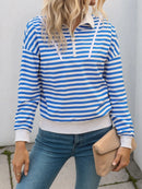 Striped Quarter Zip Long Sleeve Hoodie Blue