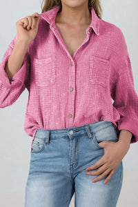Button Down Collared Neck Long Sleeve Shirt Pink