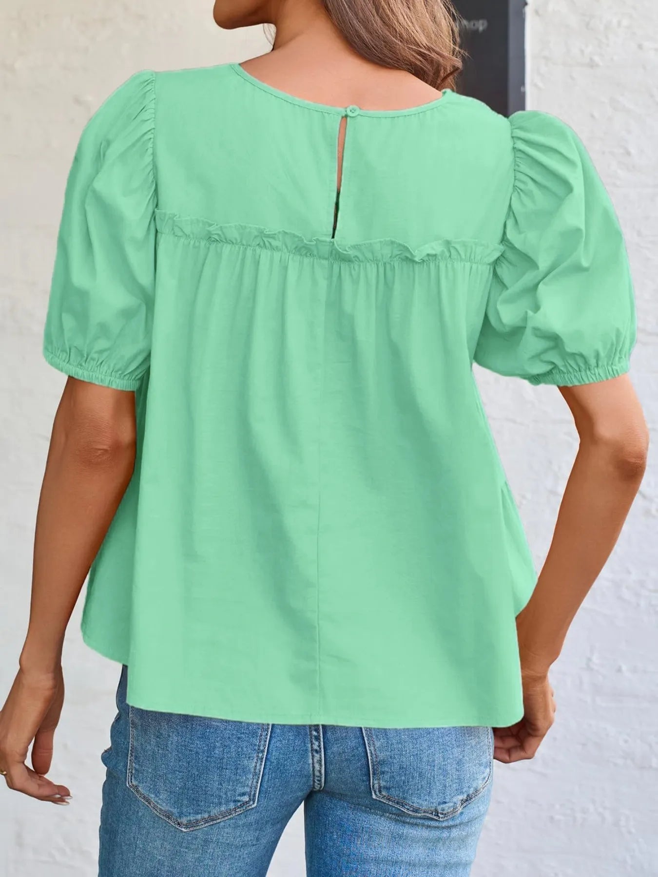 Round Neck Puff Sleeve Tiered Blouse