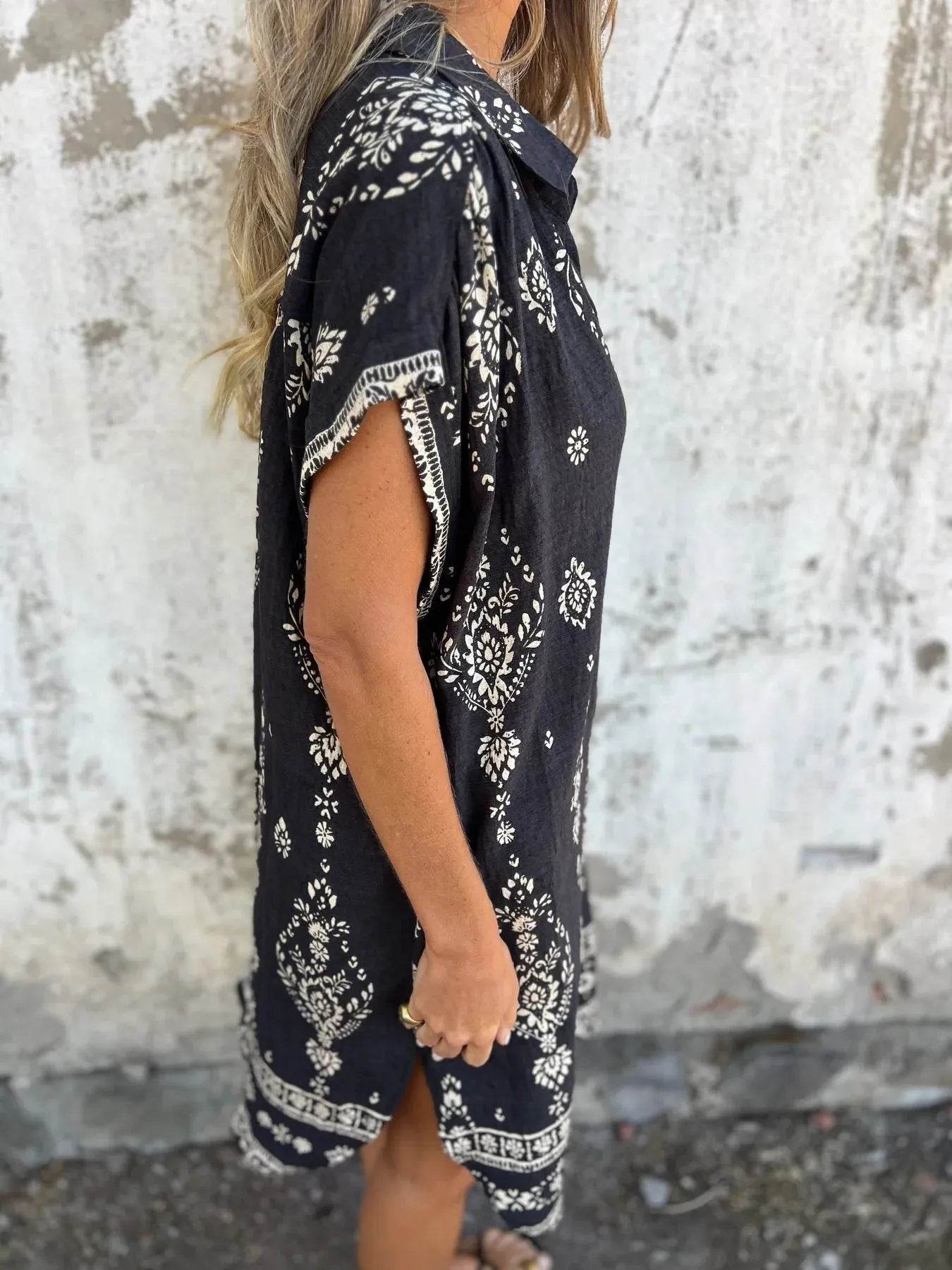 Full Size Printed Short Sleeve Button-Up Shirt Dress Plus Size - Store 42