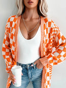 Checkered Pattern Open Front Cardigan Tangerine