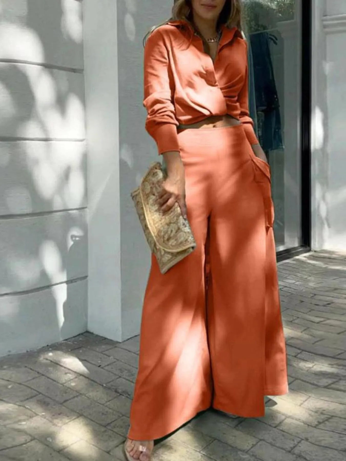 Plus Size 2-Piece Long Sleeve Top & Pants Set with Pockets - 100% Polyester
