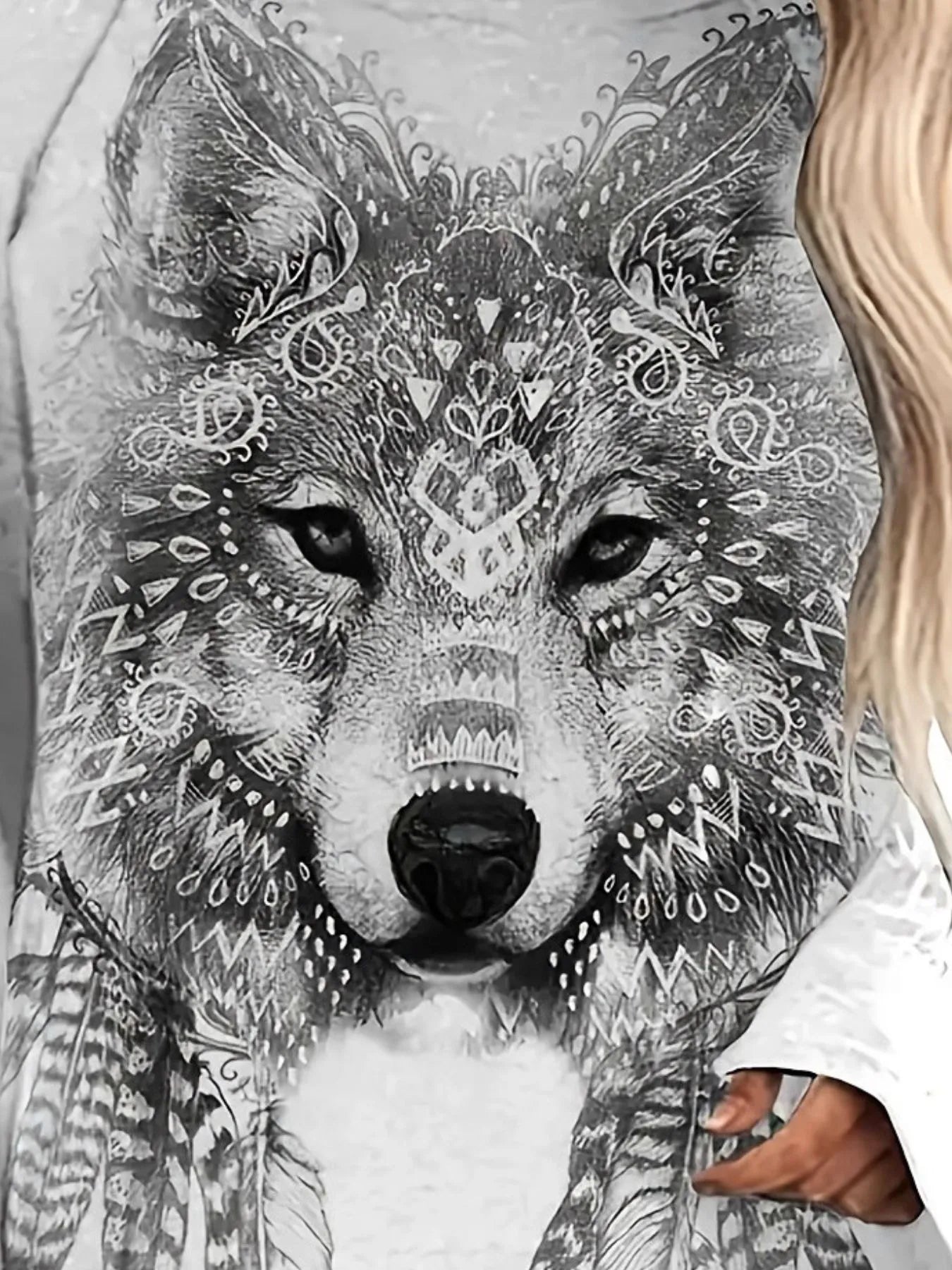 Oversized Bohemian Wolf Print Long Sleeve T-Shirt - Slightly Stretchy, 95% Polyester