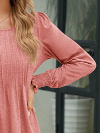 Stylish Smocked Round Neck Blouse With Lantern Sleeves - Opaque 65% Rayon, 35% Polyester - Store 42