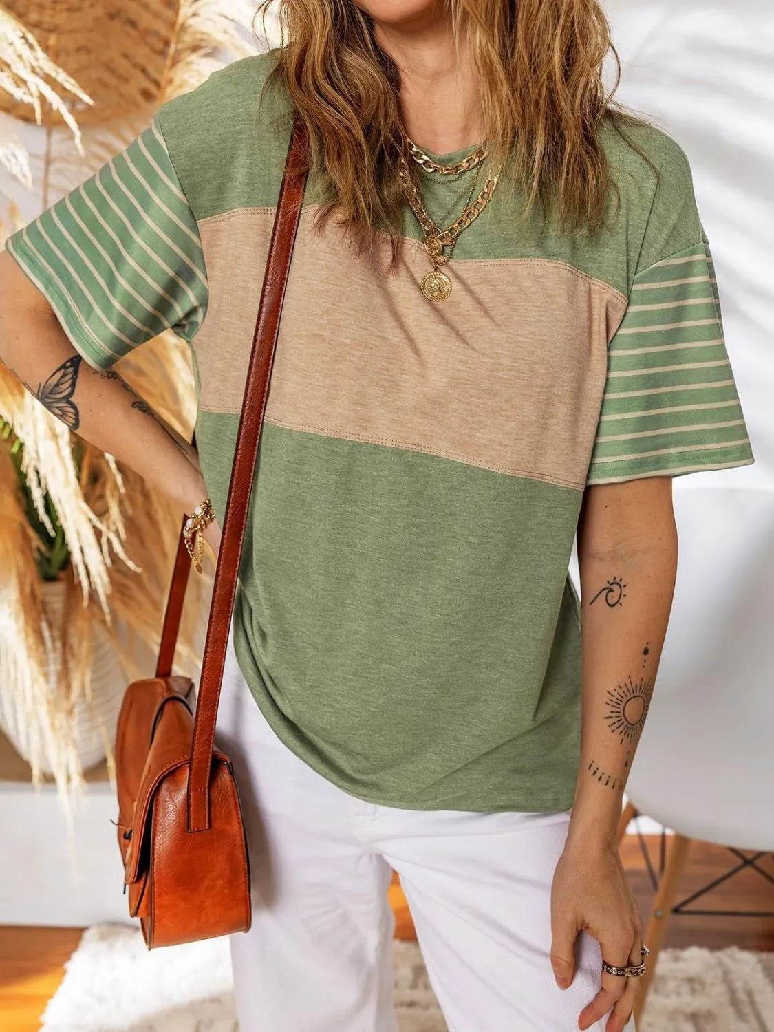 Stylish Color Block Striped Sleeve Casual T-Shirt for Everyday Comfort and Versatility